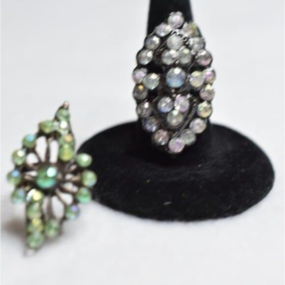 Party Rhinestones Greens/Clear 2 pc Adjustable Victorian Glam Metal Alloy Rings - Picture 2 of 3